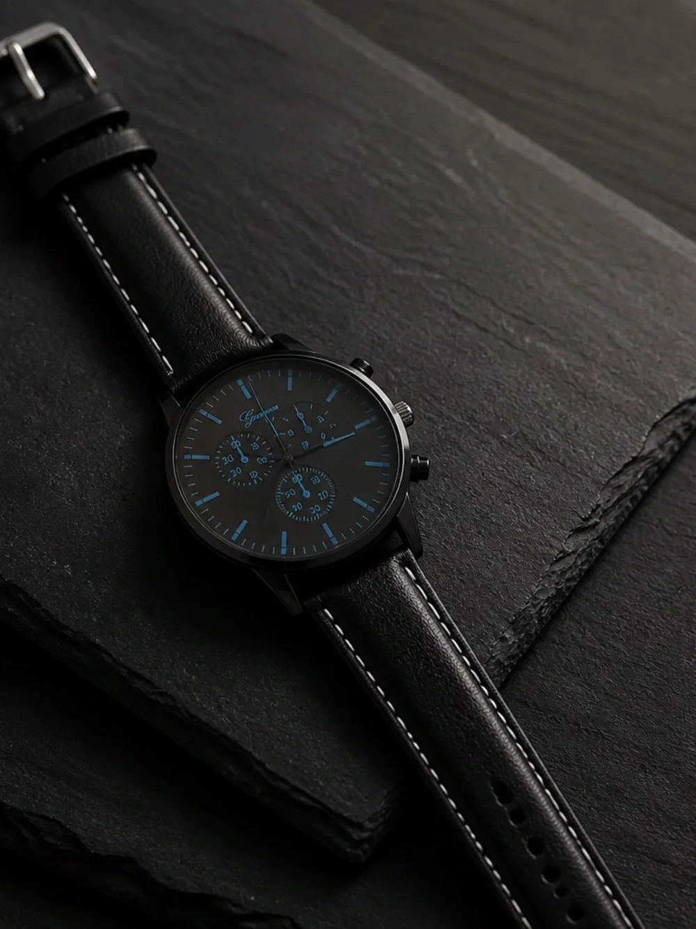 Geneva Men’s Luxury Timepiece Collection 44mm Black Leather Band Black/Blue Case